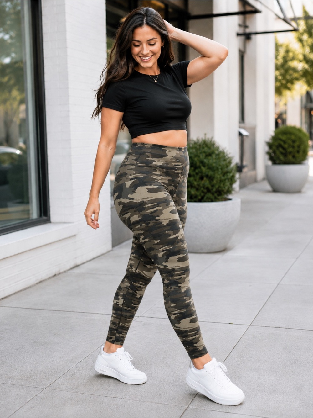Express Womens Large L Green Brown Camo High Waist Stretch Ankle Leggings